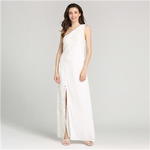 White Single Shoulder Lace Prom Dress
