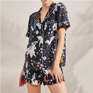 100% Silk Printed Short Sleeve Shirt and Shorts Pajamas Set