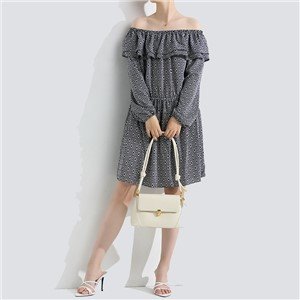 New Trend Double Ruffle Trim Swiss DOT Bardot Long Sleeve Chiffon Summer Lady Dress