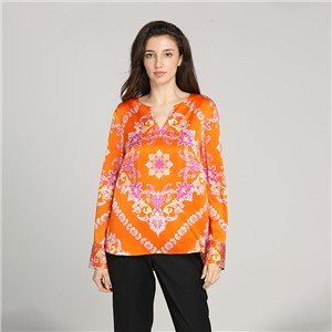 Ribbed Crew Neck Ladies Modern Popover Silk Blouse