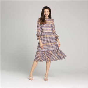 Fashion Lady Polyester Cotton Silk Stripe Women Summer Dress