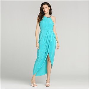 Sea Blue Silk Crepe Prom Dress