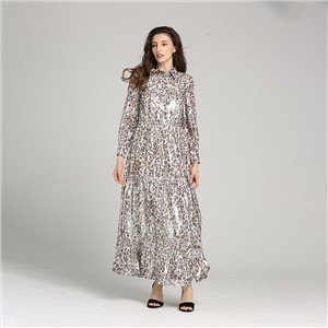 2020 Women's Fashion Silk Long-Sleeve Round Neck Embroidered Dress
