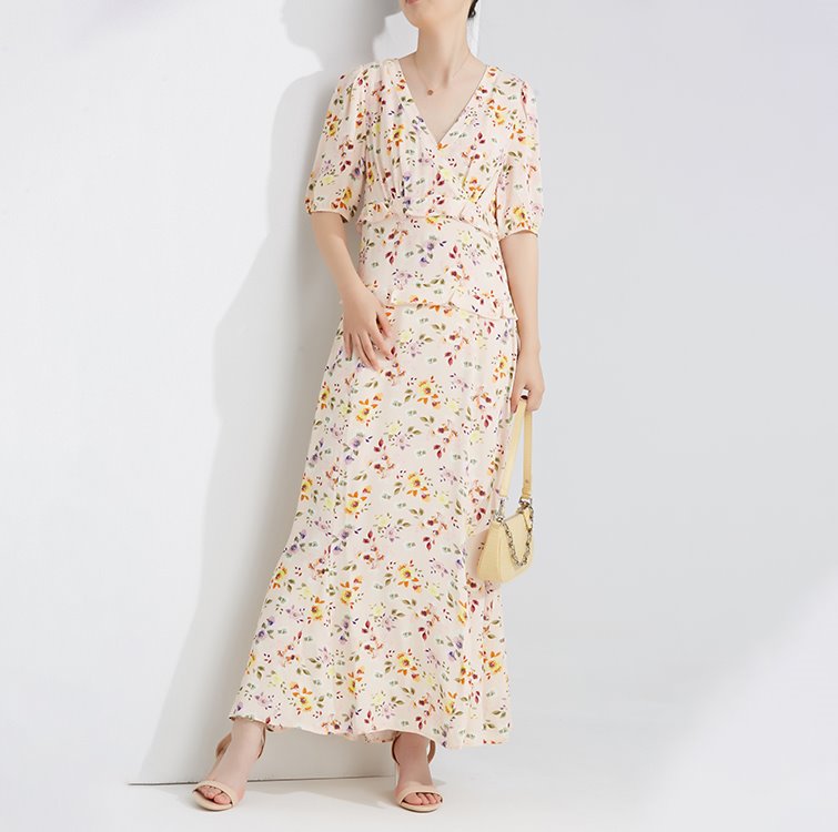Shangyan Women' S Printed Medium and Long Irregular Bubble Sleeve Dress