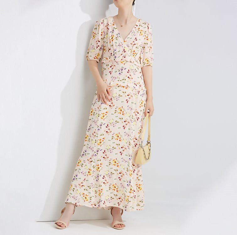 Suspender Wrap Chest Lace up Fruit Print Long Dress