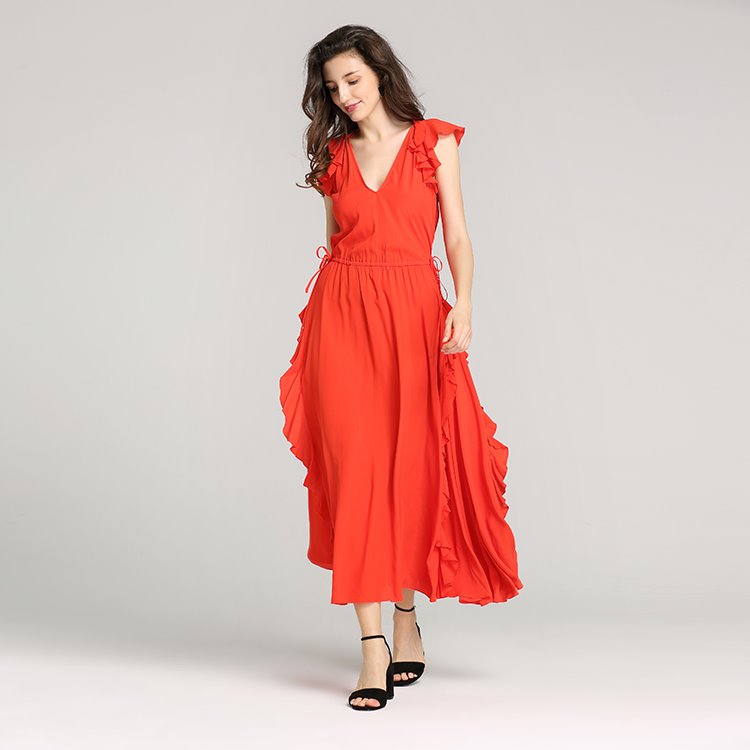 Ladies Long Sleeve Sexy V Neck Printed Silk Dress